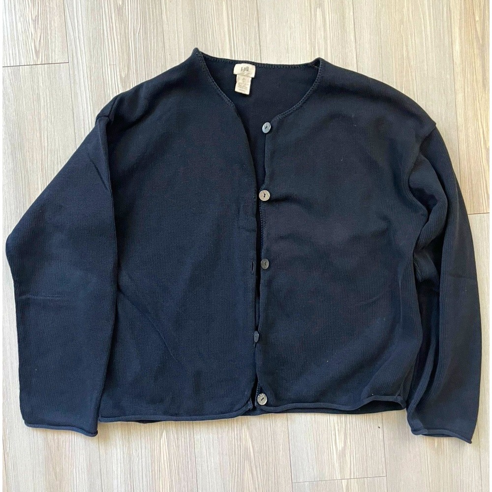 J. Jill Black Cotton Knit Pearl Button Cardigan Size L Made in USA Preppy Mod